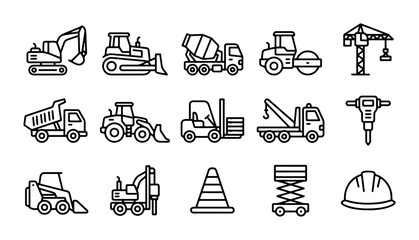 Construction Vehicle Icons Set: Heavy Machinery, Trucks, Excavator, Crane, Tools © Habibullah