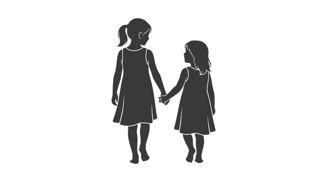 Two young sisters holding hands, silhouette illustration, childhood friendship