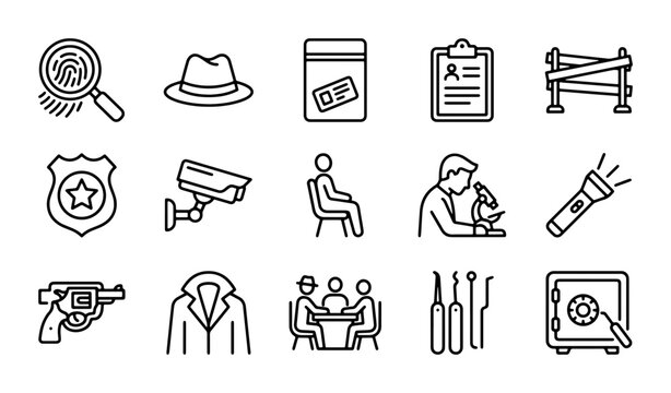 Crime Scene Investigation Icons, Detective Tools, Forensic Evidence Collection Vector Set