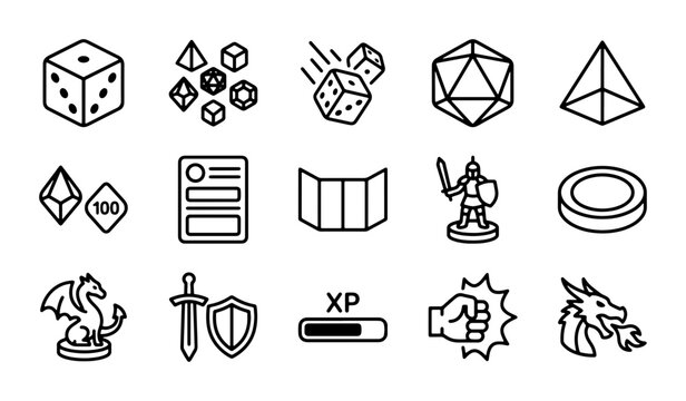 Role Playing Game Icons, Dice & Dragon Vector Set: Tabletop Adventure Graphics