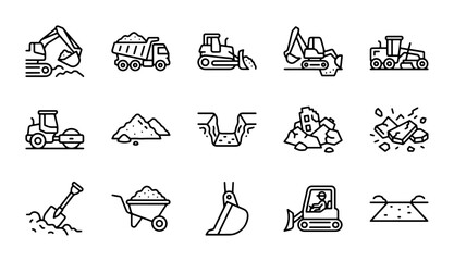 Construction Equipment Icons, Heavy Machinery Vector Set, Earthmoving Tools Collection © Habibullah