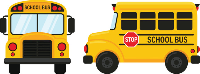 Yellow school bus vector set, front and side view of classic student transport vehicle, back to school concept, cad drawing flat vector illustration © Rajbala