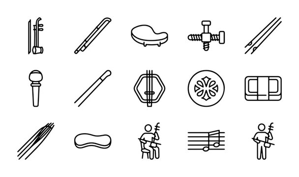 Chinese Erhu Musical Instrument Icons, Traditional Stringed Performance Elements, Cultural Music Symbols