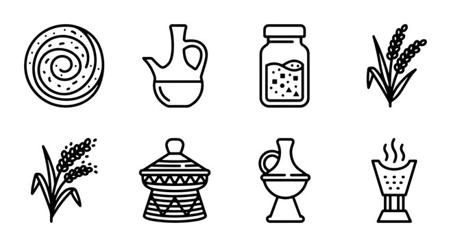 Ethiopian Coffee Ceremony Icons: Jebena, Incense Burner, Spices, Injera, Wheat