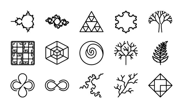 Geometric Fractal Patterns Collection, Mathematical Shapes Vector Icons, Abstract Science & Nature Designs