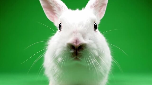 Cute white rabbit sitting against a solid green background. Close-up portrait of a fluffy bunny with pink ears and long whiskers looking at the camera.