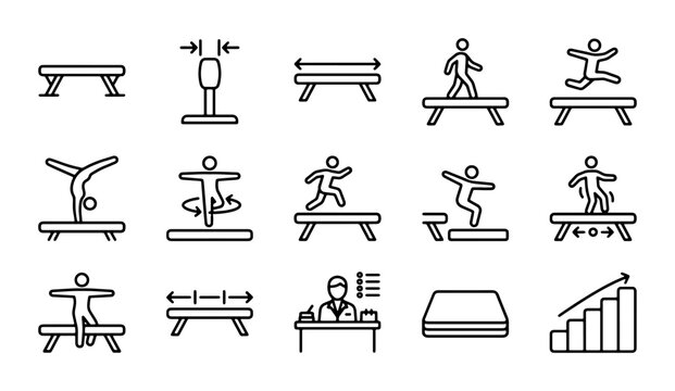 Gymnastics Equipment Icons, Fitness Training Vector Set, Sports Activity Graphics, Exercise Equipment Illustrations