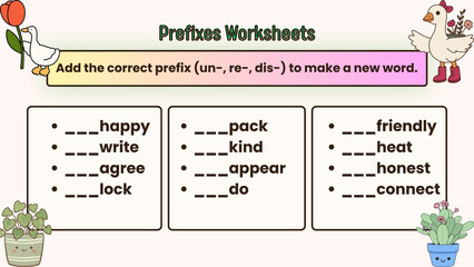 Educational worksheet for children on prefixes un-, re-, dis-, and mis- © asasima