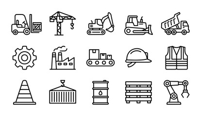 Industrial Construction Icons Set: Heavy Machinery, Safety Gear, Logistics, Manufacturing Elements © Afsana