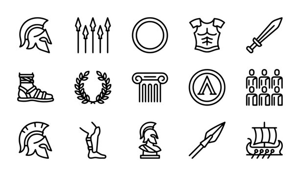 Ancient Greek Warrior Icons, Spartan Military Symbols, Classical History Vector Set