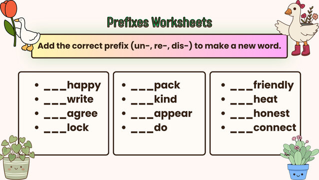 Educational worksheet for children on prefixes un-, re-, dis-, and mis-