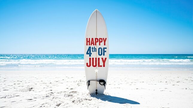 Patriotic surfboard on a sunny beach for 4th of july