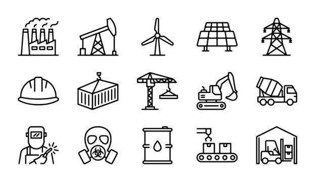 Industrial Icons Set: Manufacturing, Energy, Construction, Logistics, Safety Vector Graphics