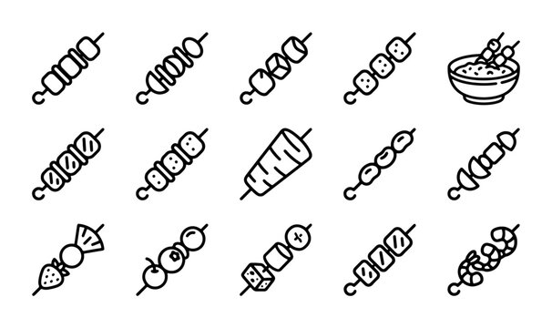 15 Skewers Icons, Kebab Vector Set, Food Grilling Graphics, Meat & Veggie Sticks