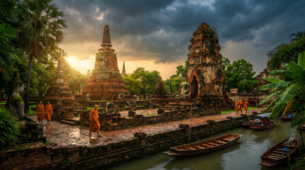Naklejka premium Ancient Buddhist temple ruins with monks walking at sunset in Southeast Asia with dramatic stormy sky 