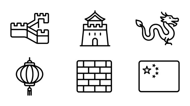 Chinese Dragon, Great Wall, Lantern, Flag Icons: Asian Culture & Travel Vector Set