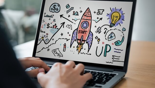 Person typing on a laptop computer showing a creative business startup rocket launch drawing concept