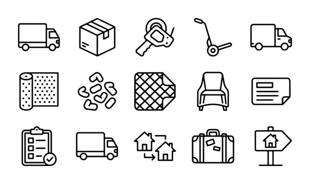 Moving Icons Set: Logistics, Transport, Packing, and Home Relocation Vector Graphics