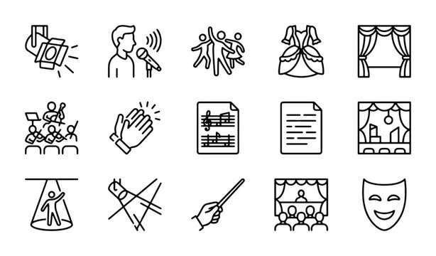 Performance Icons: Stage, Music, Dance, Theater, Spotlight, Audience, Mask, 15 Vector Elements