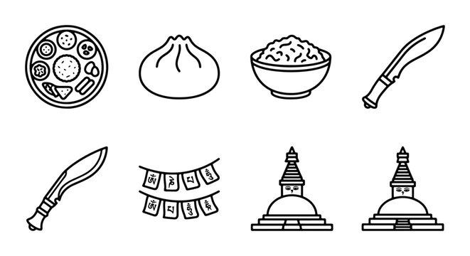 Nepal Icons: Traditional Food, Culture, and Symbols Vector Set