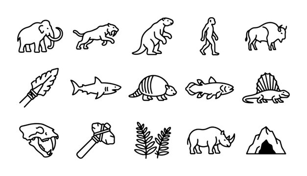 Prehistoric Icons Set: Mammoth, Saber-tooth Cat, Evolution, Caveman, Bison, Tools, Dinosaurs