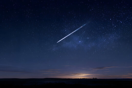 A bright meteor streaks across a star-filled deep blue night sky over a dark landscape, with a soft glow on the horizon.