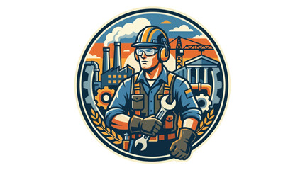 Fototapeta premium Industrial Worker with Wrench and Factory Background