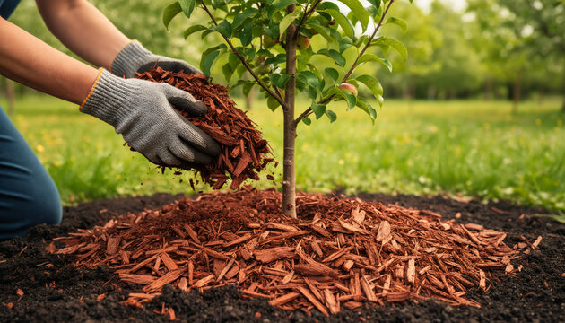 Close-up of unrecognizable person hands in grey protective gloves applying decorative red wood bark mulch around the base of a newly planted young fruit tree