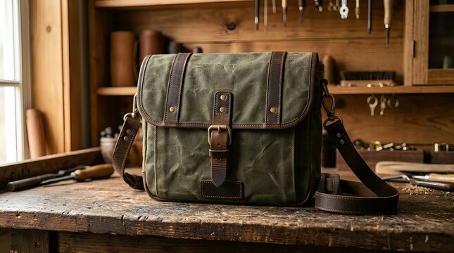 A green canvas messenger bag sits on a wooden workbench in a cluttered workshop.