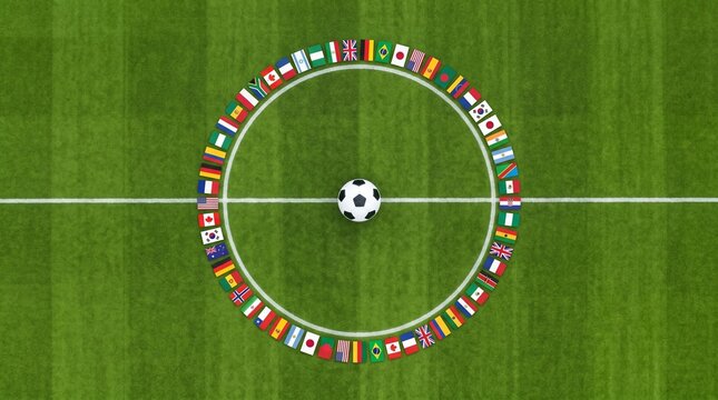 Global unity celebration with FIFA World Cup soccer ball surrounded by diverse national flags on vibrant green field