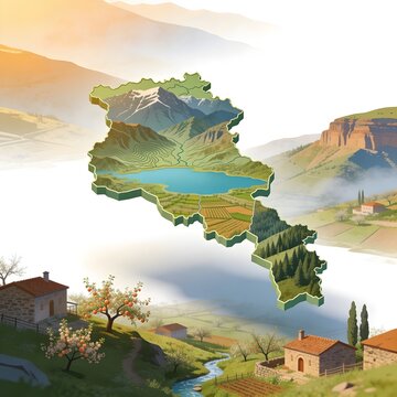 Armenia Map Illustration Isometric Rural Landscape Golden Hour Empty Space