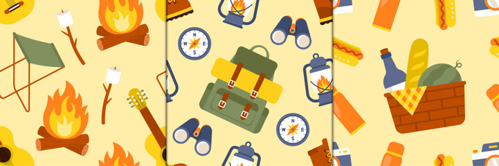 Colorful camping seamless pattern set featuring campfire, travel gear, picnic basket, and outdoor accessories. Perfect for fabric, wallpaper, stationery, and adventure themed designs. © Qubii Studio