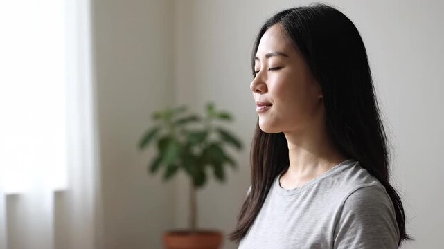 Indoor women close their eyes and relax, women by the window take deep breaths and relax