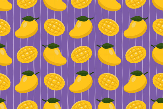 Seamless mango pattern with yellow tropical fruits on a purple vertical stripe background. Perfect for textile prints, wallpaper, packaging, stationery, and summer-themed designs.