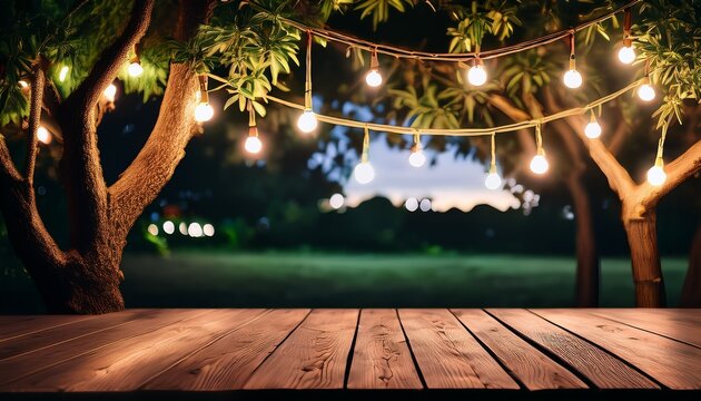 empty wood table top with decorative outdoor string lights hanging on tree in the garden at night time