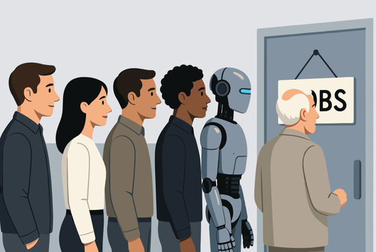 Diverse group of people and a robot standing in line for a job interview at an office door showing the future of workforce automation.