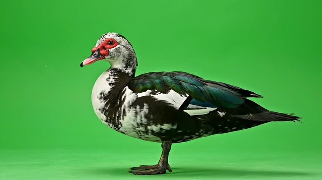 Muscovy duck with mottled plumage and iridescent feathers standing and stretching its wings on a green screen studio chroma key background.
