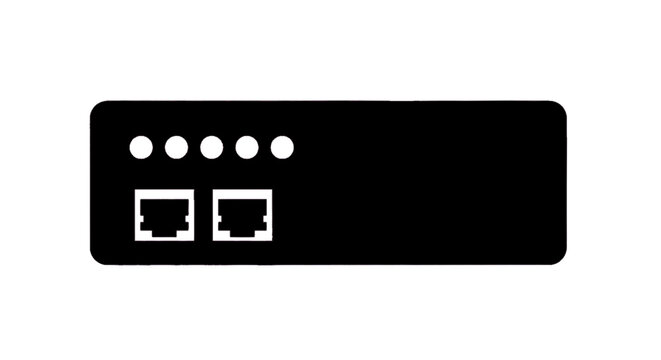 Minimal black silhouette icon, simple flat vector, bold black shape, no, no shading network switch icon with two ethernet ports and status indicator lights on a, flat icon style