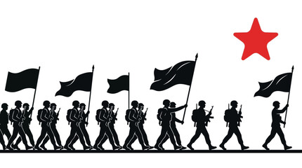 Naklejka premium Soldiers marching with flags and red star, symbolizing revolution or protest