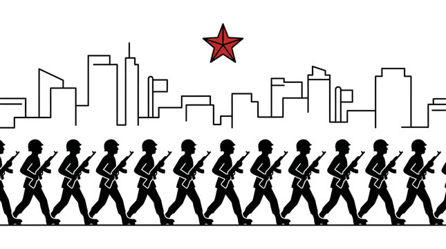 Soldiers marching in formation with city skyline and red star