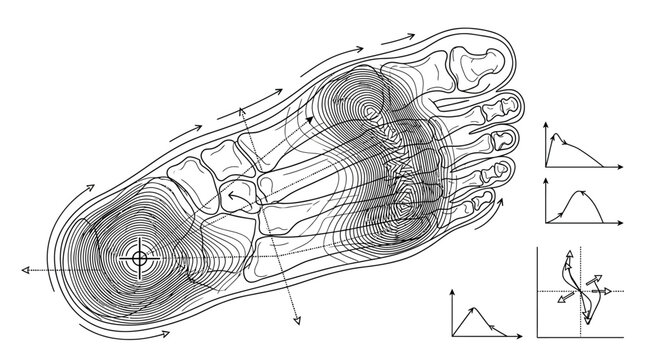 Detailed anatomical illustration of human foot with pressure distribution and gait analysis graphs.