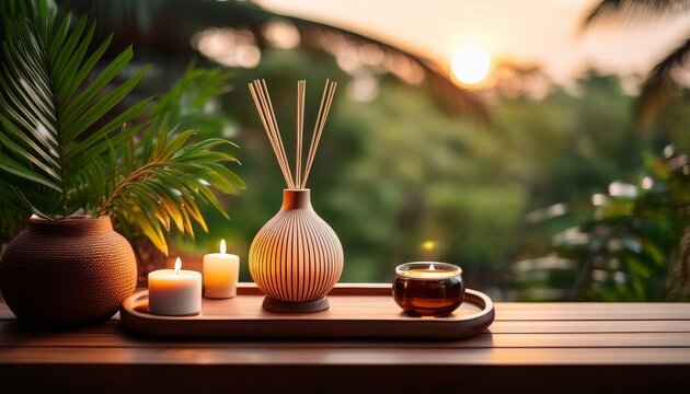aroma diffuser and candle tray in relaxing oasis focused atmosphere