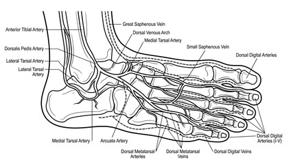 Fototapeta premium Detailed Anatomical Illustration of the Human Foot Arteries and Veins.