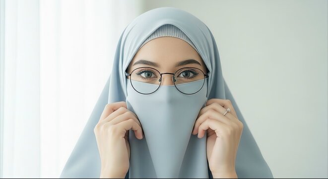 Muslim woman wearing glasses holding and adjusting a light grey niqab near a window