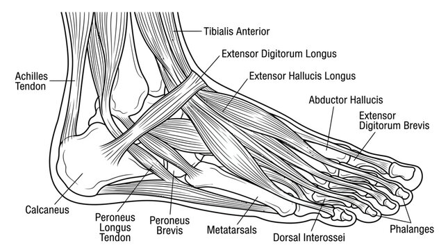 Detailed Anatomical Illustration of the Human Foot Muscles and Tendons.