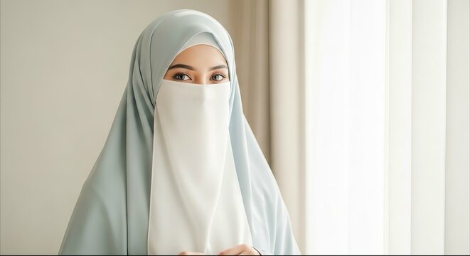 Serene portrait of a Muslim woman wearing a light blue hijab and white niqab by a window