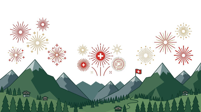 Swiss Alps Landscape with Fireworks and National Flag
