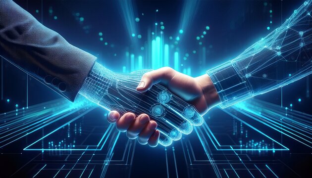 digital business partnership concept with holographic handshake