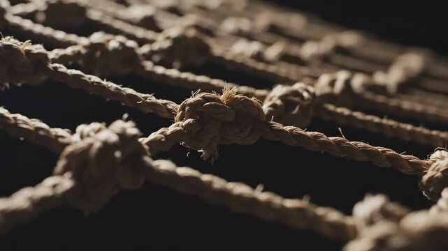 Close-up of a rustic rope net with intricate knots, creating a textured pattern against a dark background, perfect for nautical or craft-themed designs.