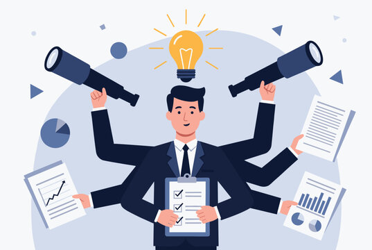 Talented multi-armed businessman managing several tasks at once with binoculars, documents, and creative ideas.